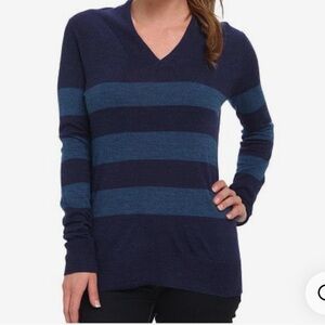 Patagonia Women's Navy Striped Sweater lightweight merino v-neck
